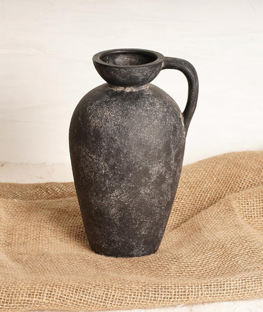 10” Terracotta Vase – Distressed Black Ceramic Pottery with Textured Stoneware, Boho Vintage Farmhouse Decor for Flowers & Centerpieces