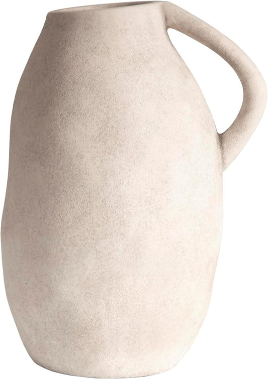 10" White Ceramic Vase with Handle - Distressed Cement Texture, Boho Terracotta Pottery, Rustic Farmhouse Jug for Flowers & Centerpieces